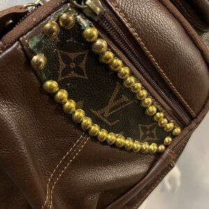 Louis Vuitton Upcycled Crossbody Bag. Authentic LV patch on brown leather.